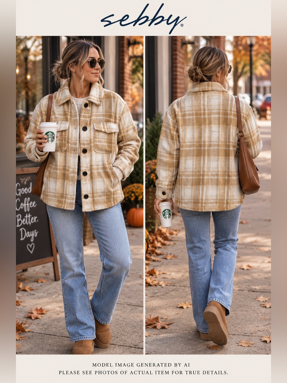 Sebby Shacket Shirt Jacket White Beige Plaid Button Up Long‎ Sleeve Coat Medium
